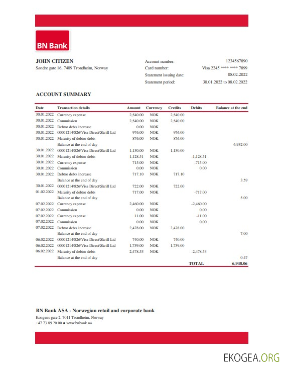 Modèle Excel et PDF de relevé bancaire BN de Norvège